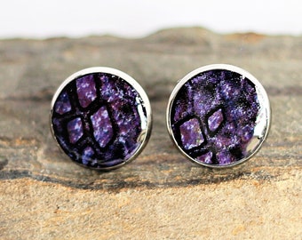Purple Leather Stud Earrings Stainless Steel Posts Resin Dark Purple Snakeskin Handmade by Hendywood (W)