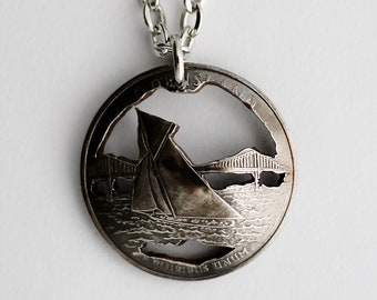 Rhode Island State Quarter Pendant, 2001, Domed Cut Coin Necklace, Sailboat, U.S. Quarter Dollar, Cut Coin Jewelry by Hendywood