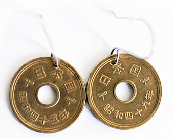 Coin Earrings Japanese 5 Yen Lucky Coin Drop Dangle Handmade Stainless Steel Wires by Hendywood