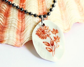 Broken Plate Necklace China Plate Pendant Pretty Orange Flower by Hendywood (W)