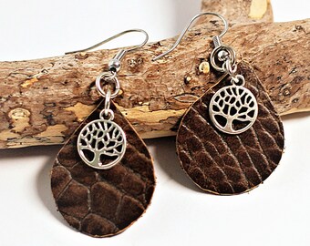 Brown Leather Earrings Textured Embossed Leather Tree of Life Charm by Hendywood