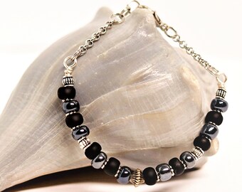 Black Glass Beaded Bracelet Metal Accent Beads Shiny and Matte Stainless Steel Chain Adjustable Length by Hendywood