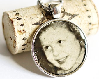 Child's Face Vintage Photo Pendant Girl's Sepia Photograph Resin Jewelry Silver Color Bezel Handmade by Hendywood (W)