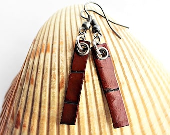 Brown Belt Leather Earrings Minimalist Dangle Drop Geometric Bar Rectangle Shape Recycled Belt
