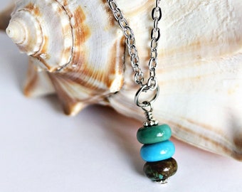 Turquoise Stone Pendant Necklace Stacked Arizona Turquoise Beads Handmade by Hendywood