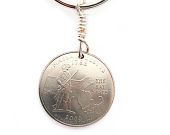 Massachusetts State Quarter Keychain, 2000, Domed Commemorative Coin, Minute Man History Key Ring, Key Fob by Hendywood