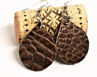Brown Leather Earrings Textured Embossed Leather by Hendywood
