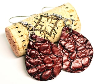 Embossed Leather Earrings Burgundy Dark Red Textured Lightweight Leather by Hendywood