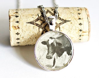 Black and White Cow Necklace Farm Animal Pendant Vintage Photograph Resin Jewelry Silver Color Bezel Handmade by Hendywood (W)