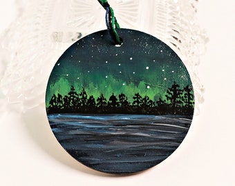 Aurora Borealis Landscape Night Sky Handpainted Ornament Wooden Acrylic Hand Painted Ornament by Hendywood (W)