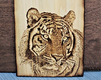 Wood Burned Tiger Portrait Wildlife Big Cat  Pyrography Woodburned Picture Photograph Office Desk Desktop Art by Hendywood (W)