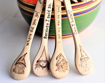 Small Wood Burned Spoons Beechwood Gnomes Kitchen Decor Wooden Coffee Spoons Original Pyrography Art by Hendywood