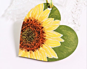 Handpainted Sunflower Ornament Wood Heart Wooden Acrylic Paint Ornament by Hendywood (W)