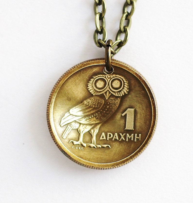 Phoenix Coin Necklace Greek Owl Coin Phoenix Pendant 1 Drachma Domed Coin 1973 Greek Coin Jewelry by Hendywood image 2