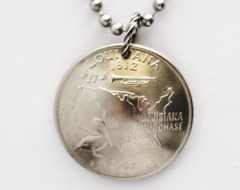 Domed Coin Necklace, Louisiana Necklace, U.S. State Commemorative Quarter Dollar 2002 Jewelry by Hendywood