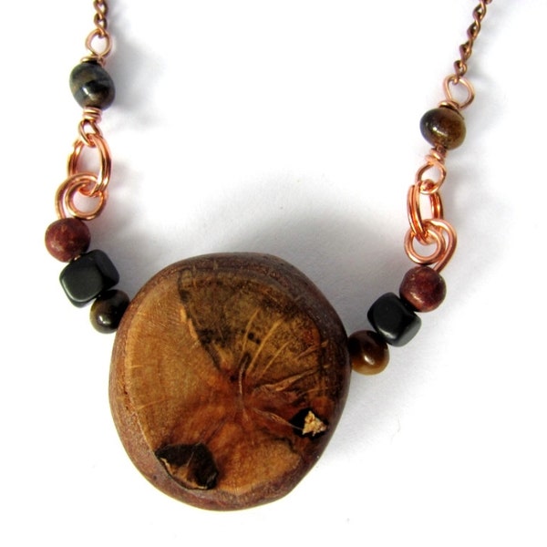 Wooden Jewelry Necklace Copper Wire Wrapped Stone Beads Natural Wood Jewelry by Hendywood
