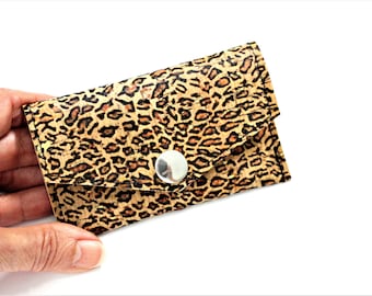 Small Card Wallet Snap Pouch Cork Fabric Faux Leather Leopard Cheetah Jaguar Animal Print by Hendywood