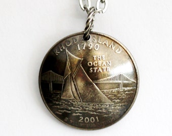 Rhode Island State Quarter Pendant,  2001, Domed Coin Necklace, Sailboat, U.S. Quarter Dollar, Jewelry by Hendywood