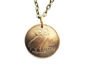Greek Coin Necklace Owl Pendant 2 Drachmas Phoenix Domed 1973 Jewelry by Hendywood