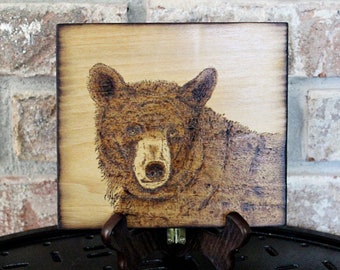 Black Bear Wood Burned Portrait Pyrography Woodburning Wildlife Art by Hendywood (W)