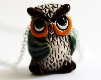 Owl Necklace Owl Jewelry, Green Swarovski Crystals, Cute Owl Owl Pendant, Wise Old Old Owl, Bird Necklace, Ceramic Animal Charm by Hendywood