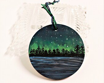 Aurora Borealis Landscape Night Sky Handpainted Ornament Wooden Acrylic Hand Painted Ornament by Hendywood (W)