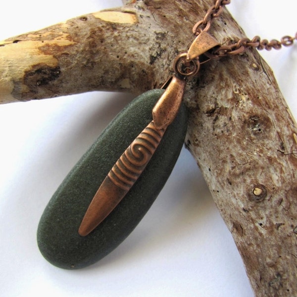 River Rock Pendant Copper Charm Dark Green Eco Friendly Natural Reclaimed Beach Stone Necklace Handmade Jewelry by Hendywood