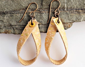 Gold Leather Earrings Loops Shiny Polka Dots Lightweight Hoops Gold Rivets Handmade by Hendywood (W)