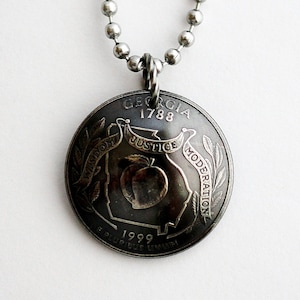 State Georgia Quarter Necklace Pendant, Domed Coin Necklace, U.S. Quarter Dollar, 1999 Georgia, Peach Repurposed Coin Jewelry by Hendywood