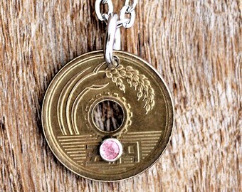 Japanese 5 Yen Coin Necklace with Pink Crystal Authentic Upcycled Pendant Jewelry by Hendywood