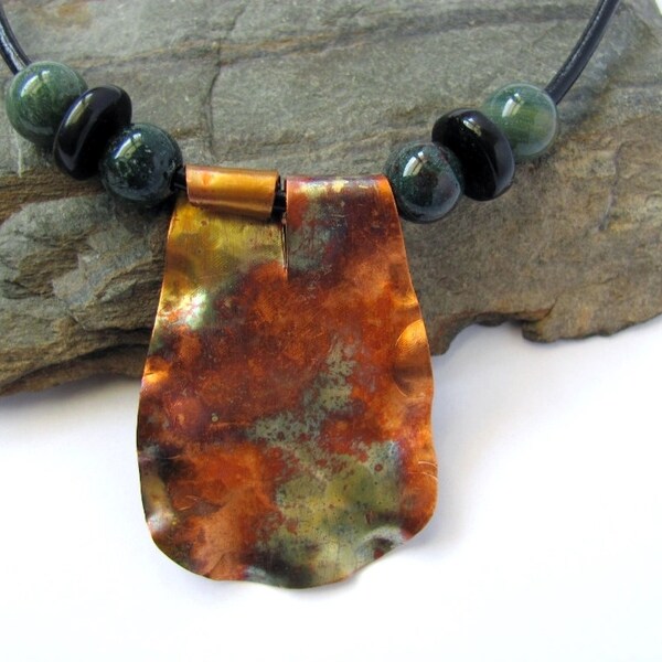 Copper Necklace Oxidized Metal Pendant Jasper Stones Leather Cord Rustic Jewelry by Hendywood