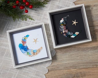 Sea Glass Moon Art Frame: Handmade Beach Decor,Friendship Gift, 5 inch Frame,Christmas gifts