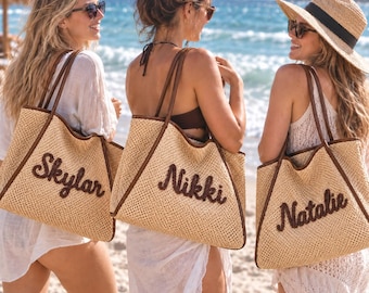 Personalized Beach Tote Bag, Custom Name Straw Bag, Bachelorette Trip Gift, Personalized Summer Tote, Beach Vacation Bag, Bridal Party Gift