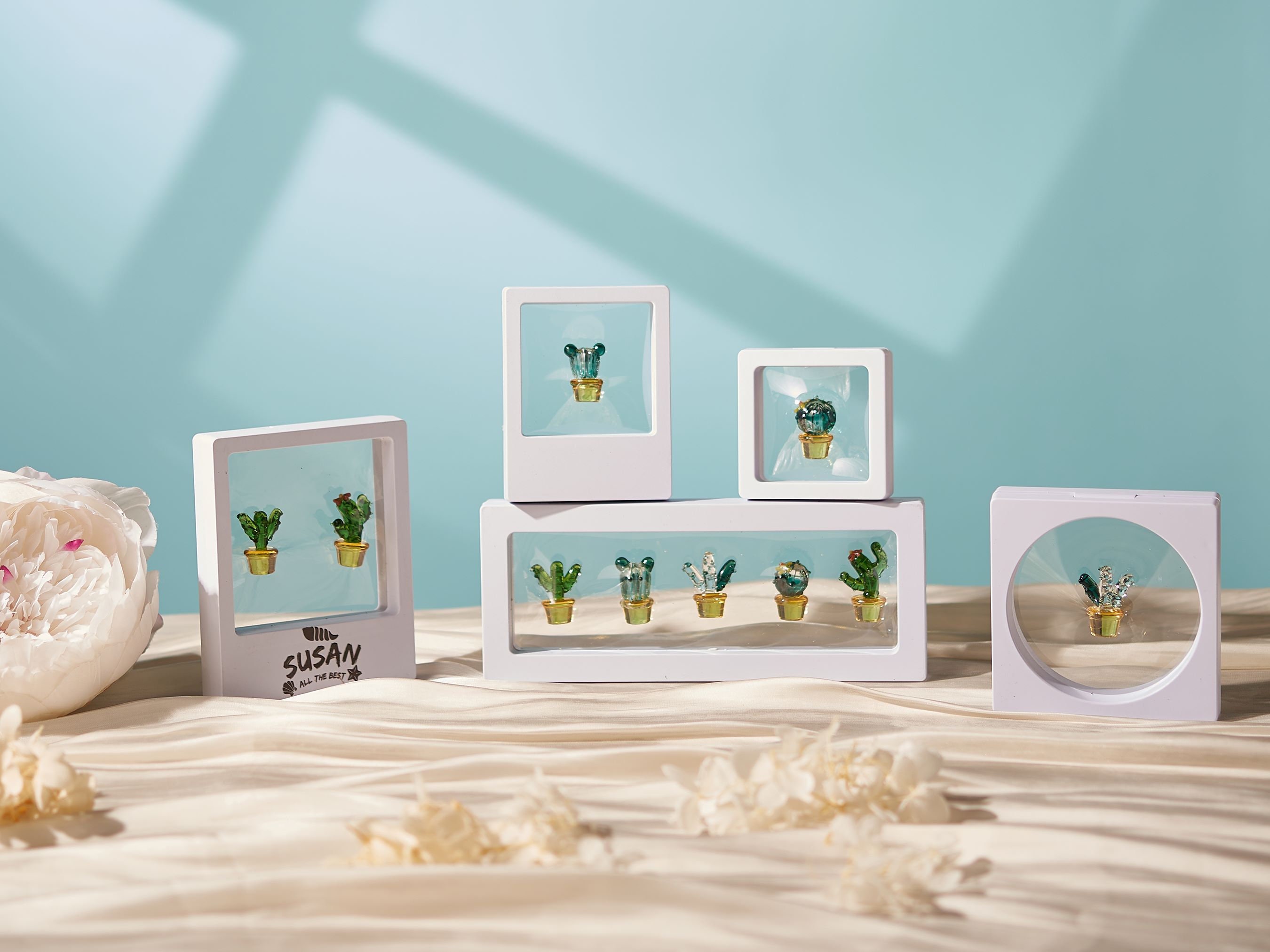 Mini Glass Cactus Pots Set: Fused Glass Succulents, Car Decor