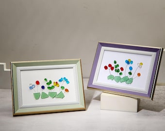Sea Glass Flower Art Frame,Flowers Seaglass Beach Art,Handmade Sea Glass Wall Art Decor,Friendship Gift Idea,Birthday Gift,New House Gifts