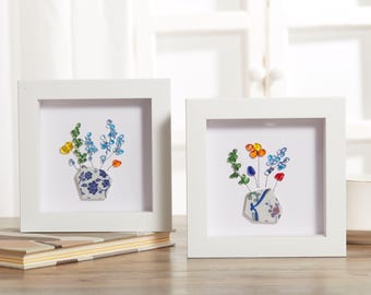 Marco de arte con flores de vidrio marino, arte de playa con flores de vidrio marino, decoración de pared de vidrio marino hecha a mano, idea de regalo de amistad, regalo de cumpleaños, regalos para una casa nueva
