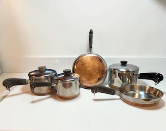 Vintage Revere Ware Copper Bottom Cookware Set, USA Made. 3 pots & 2 Skillets.