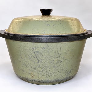 May include: A round, light green enameled metal Dutch oven with a distressed, weathered finish. The pot features a wide, dark brown rim and a matching light green lid topped with a small, dark brown, conical knob handle.