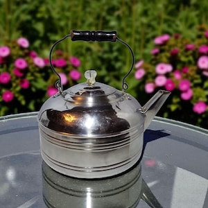 May include: A shiny, stainless steel kettle with a black wooden handle and a clear knob on the lid. The kettle has a spout and a curved handle. The background features pink flowers and green foliage.