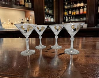 4-Vintage Rooster Martini Glasses Cocktail Stemware, Gold and Black, Midcentury Mod 60s Painted Drink Glasses