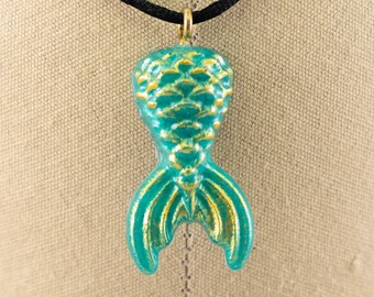 Merman Mermaid Tail Hand Painted Blue/Green Epoxy Resin Pendant in Silver or Gold Colored Accents