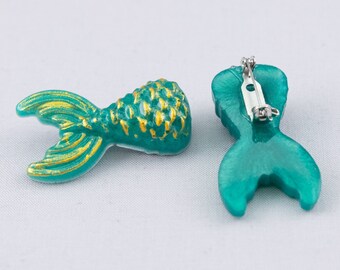 Merman Mermaid Tail Hand Painted Blue/Green Epoxy Resin Pin in Silver or Gold Colored Accents