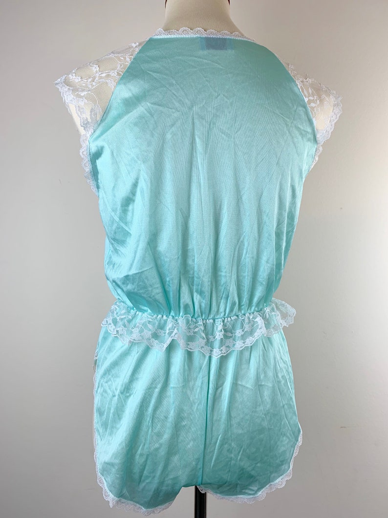 Sweetest Vintage Teddy by CineStar Aqua Satin with White Lace Deep V Neckline