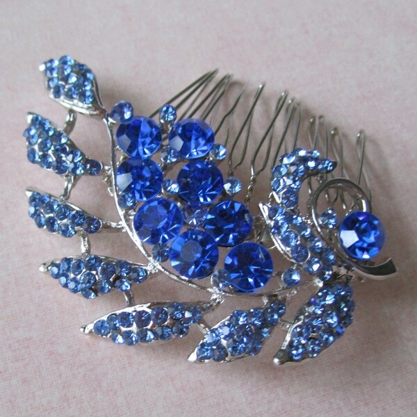 CLEARANCE Rhinestone Bridal Comb Silver with Sapphire Blue Swarovski Crystals