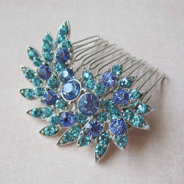 Capri A Crescent Moon Swarovski Rhinestone Bridal Comb in Light Sapphire and Aqua