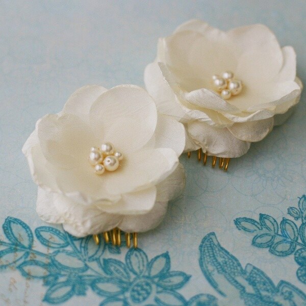 SALE Ivory Silk Flower Mini Fascinators With Swarovski Pearls Set of TWO