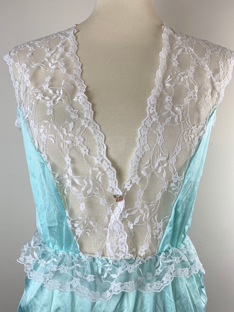 Sweetest Vintage Teddy by CineStar Aqua Satin with White Lace Deep V Neckline