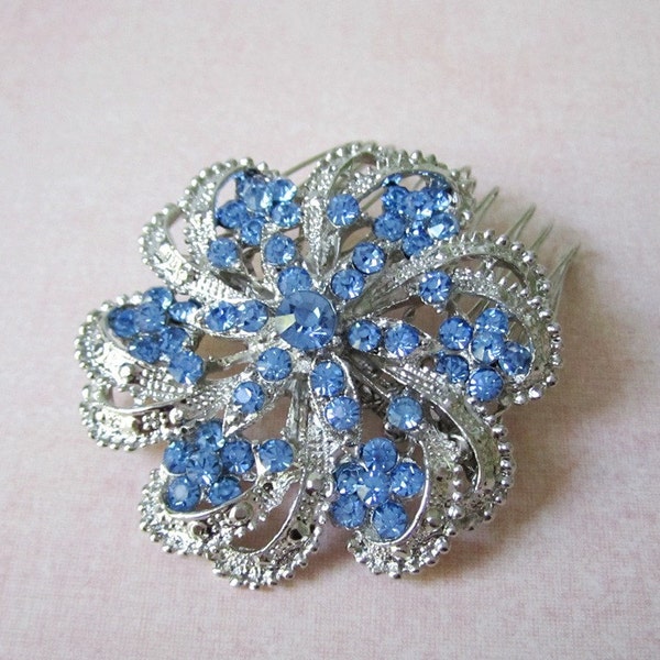 Rhinestone Swirl Bridal Comb in Silver and Sapphire Blue Swarovski Crystal