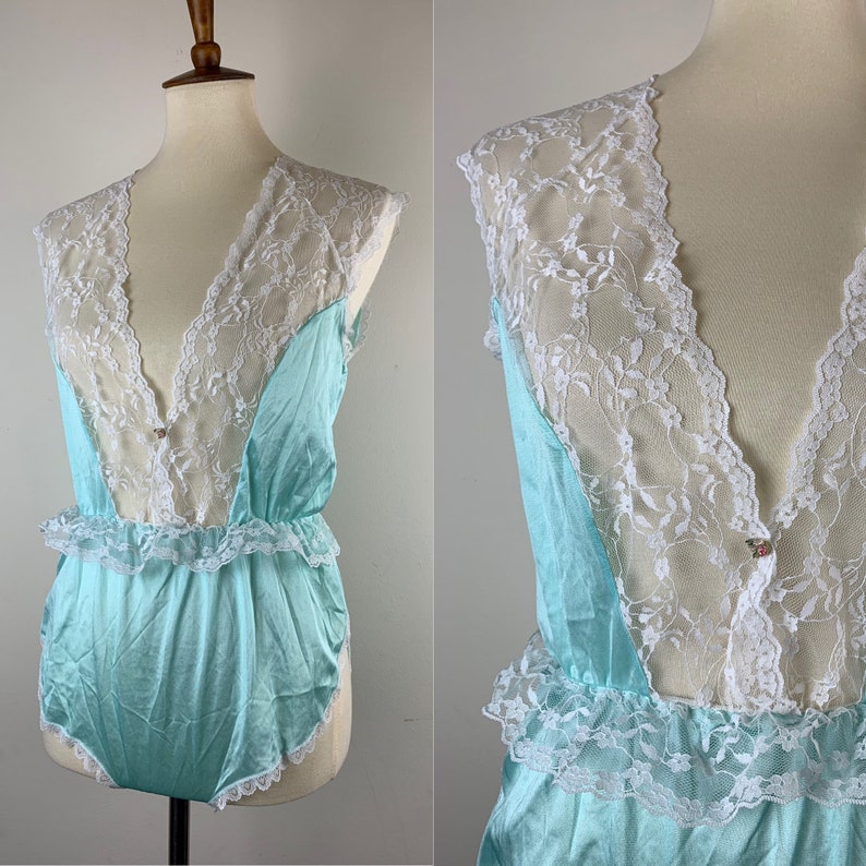 Sweetest Vintage Teddy by CineStar Aqua Satin with White Lace Deep V Neckline