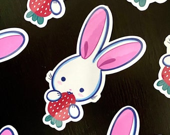 Bunny Rabbit Eating Strawberry - Cute Kawaii Vinyl Sticker